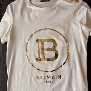Balmain White Tee with Gold Logo & Button Detail